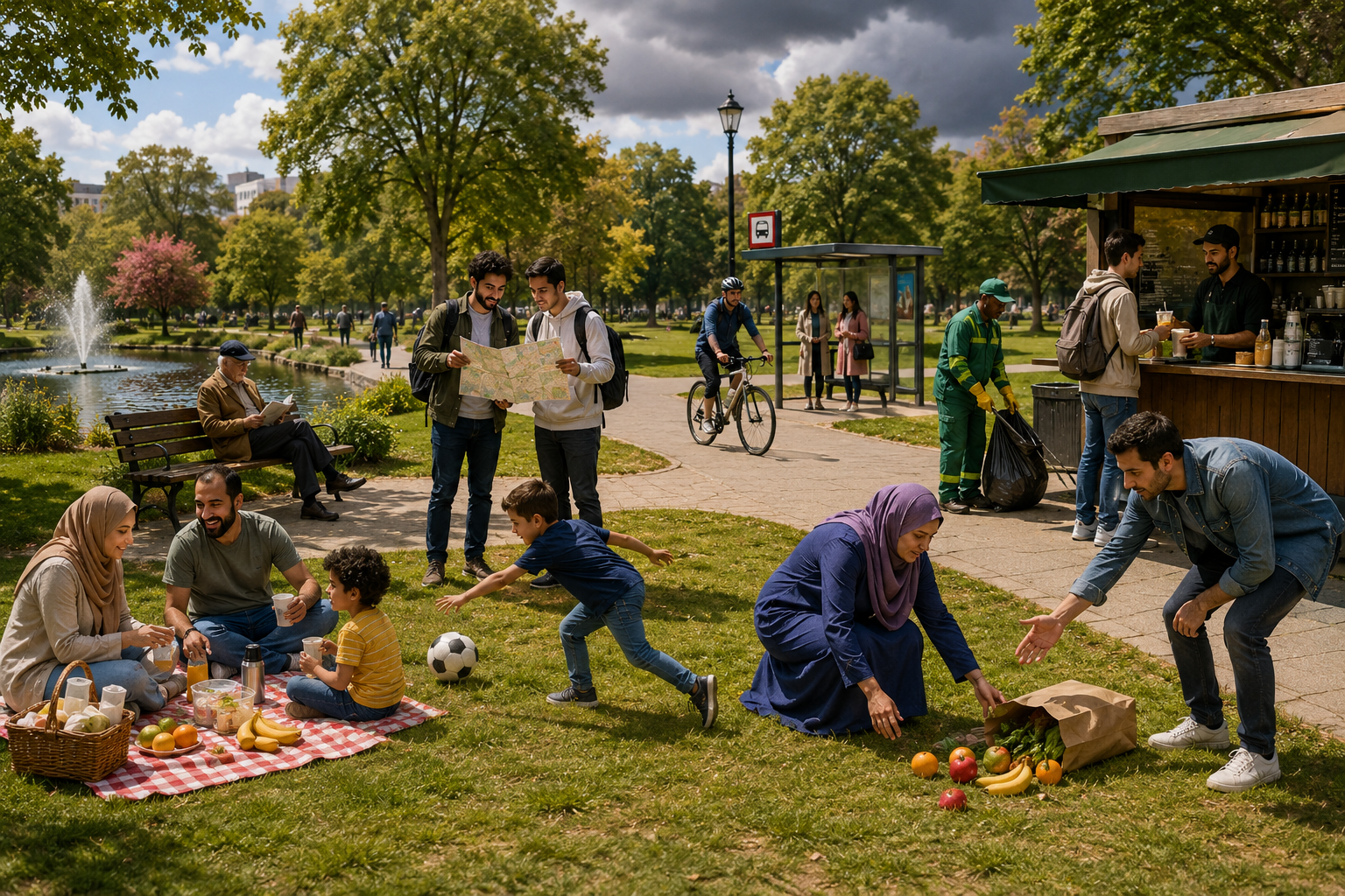 A busy park scene with families, children, visitors, workers, a cyclist, a café, trees and a pond
